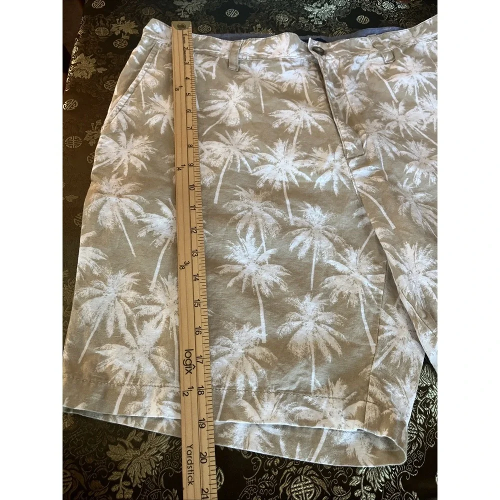 Nautica Men's Linen Cabana Shorts Palm Tree Print Flat Front Khaki White 36W